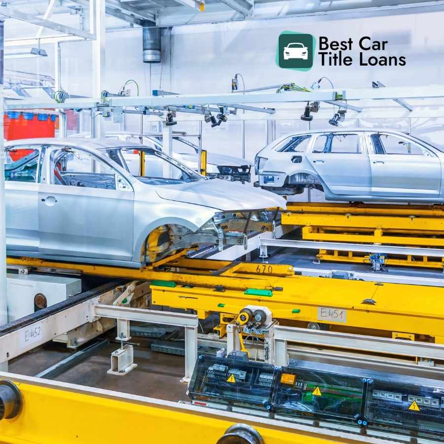 Electric vehicle assembly line with robots, demonstrating changes in car manufacturing