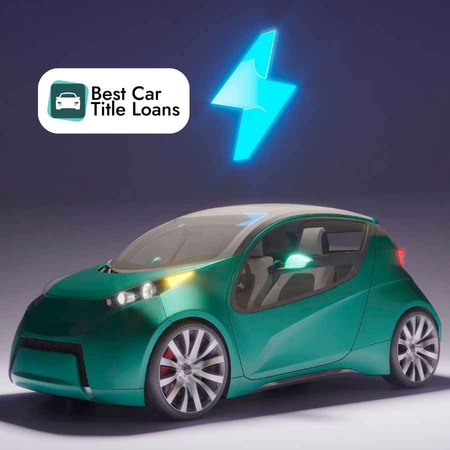 A futuristic electric vehicle driving through an urban landscape, representing the future of EV mobility